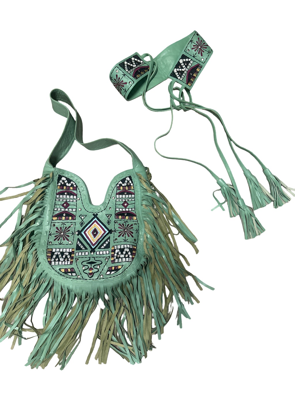Jodi Lee Boho Embroidered Fringe Bag Genuine Leather And Belt